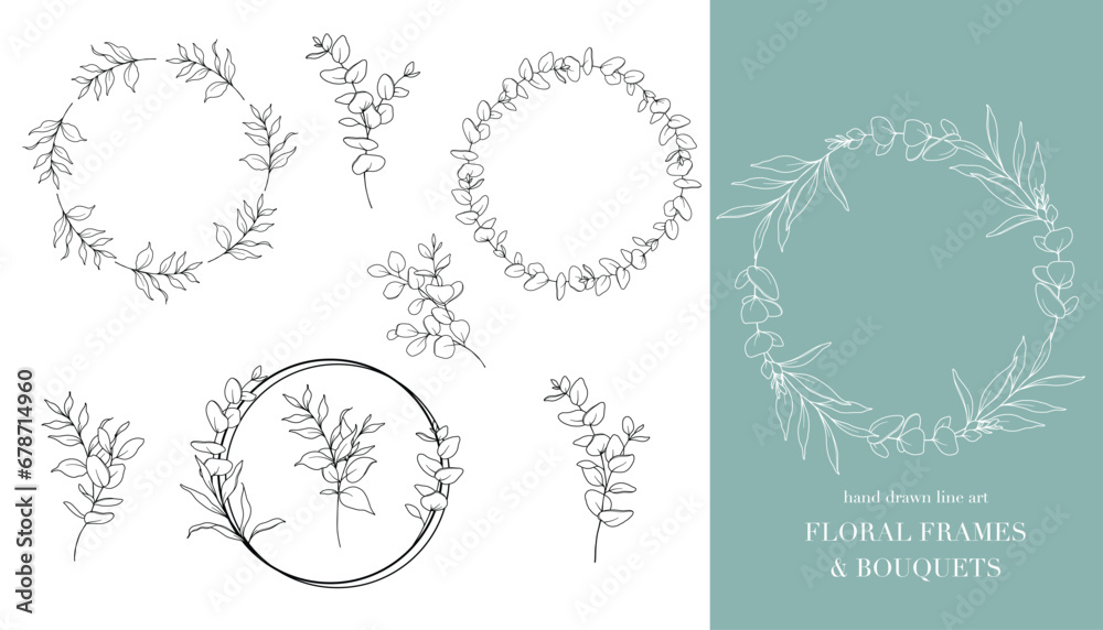 Eucalyptus Line Art. Floral Frames and Bouquets Line Art. Fine Line Eucalyptus Frames Hand Drawn Illustration. Hand Draw Outline Leaves and Flowers. Botanical Coloring Page. Eucalyptus Isolated