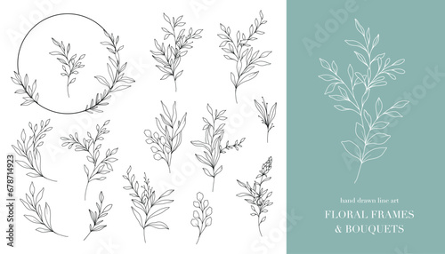 Greenery Line Art. Floral Frames and Bouquets Line Art. Fine Line Greenery Frames Hand Drawn Illustration. Hand Draw Outline Leaves. Botanical Coloring Page. Greenery Isolated