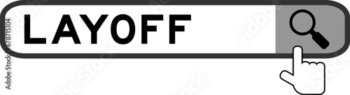 Search banner in word layoff with hand over magnifier icon on white background