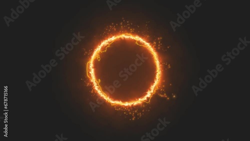 Fire magic portal without background. Particles, orange light ring, bright lights, motion graphic element