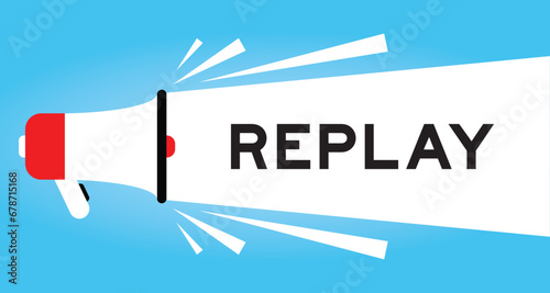 Color megaphone icon with word replay in white banner on blue background