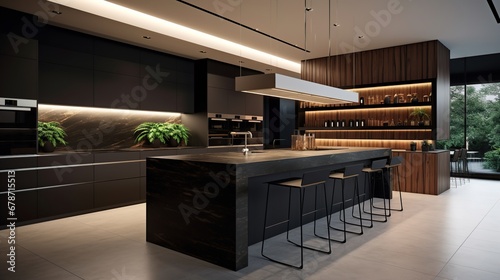 Interior of a modern bar with a black and blue countertop. 3d rendering photo