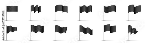 Black flag set template. Clean horizontal waving flag mockup on transparent background