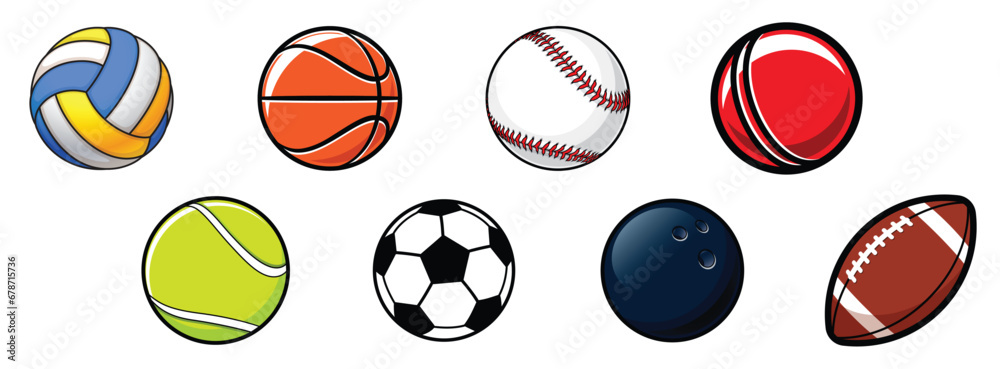 various cartoon stylized american sports balls