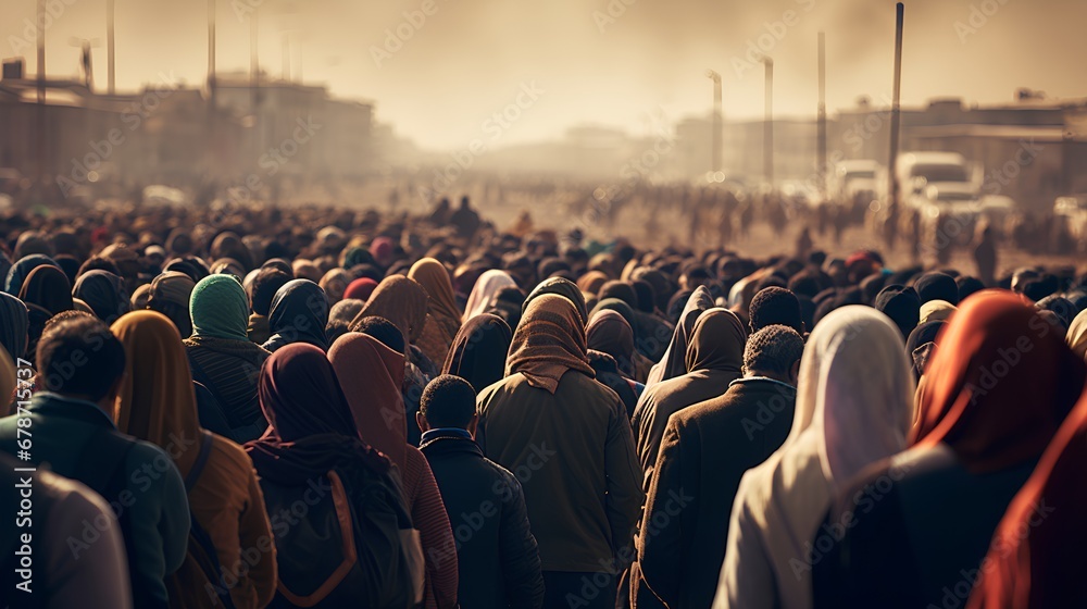 A large, diverse group of displaced individuals, including families and children, seeking asylum or refuge, illustrating the global migrant crisis. - obrazy, fototapety, plakaty 