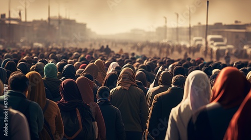 A large, diverse group of displaced individuals, including families and children, seeking asylum or refuge, illustrating the global migrant crisis.