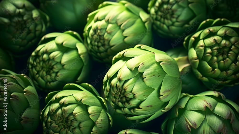 Fototapeta premium Artichoke close up. Fresh raw organic green Artichokes, generative ai