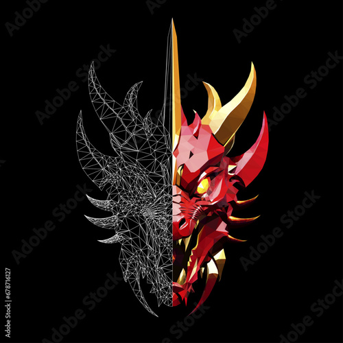 Low poly triangular dragon
fiery face on black background, vector illustration isolated.  Polygonal style trendy modern logo design. Suitable for printing on a t-shirt.