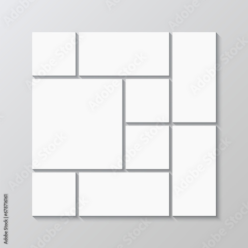 Photo collage frame mockup. Photoframe combination background. Moodboard grid. Retro gallery banner. Portfolio images template. Album brandboard. Mosaic pictures layout. Vector illustration.