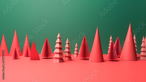 Minimal composition pattern background of green Christmas trees on pastel red background high resolution
