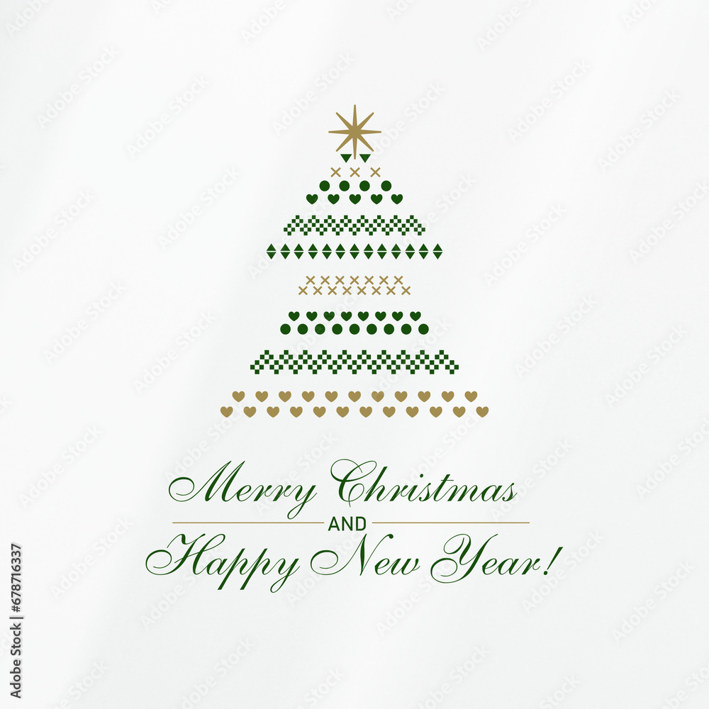 Merry Christmas Happy New Year card, white background, golden and green pattern christmas tree. Minimal and elegant holiday card. Merry Christmas Happy New Year card, white background, golden and green pattern christmas tree. Minimal and elegant holiday card.