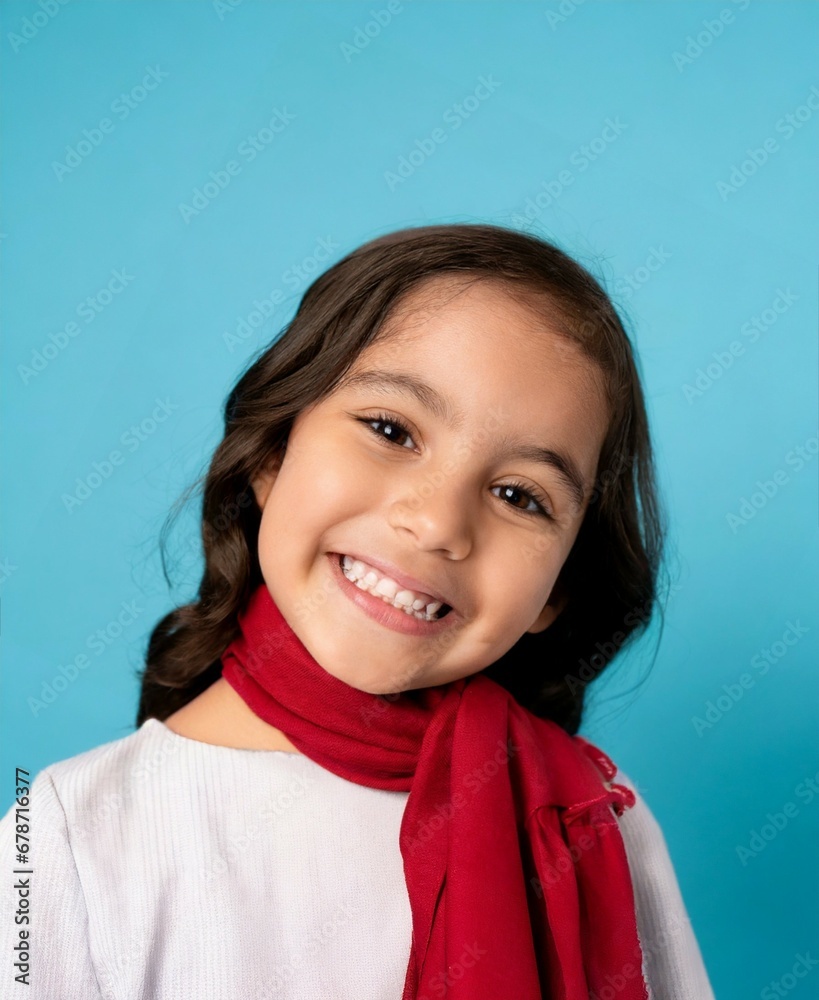 Latin Mexican Little girl child smiling face closeup, autumn fall clothing, isolated on colorful light blue studio background Latin Mexican Little girl child smiling face closeup, autumn fall clothing, isolated on colorful light blue studio background