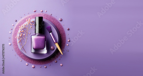 Spilled purple nail polish as sample of cosmetics product. Generative AI. photo