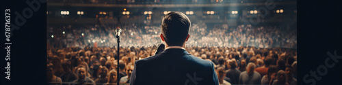 Back view of motivational speaker standing on stage in front of audience for motivational speech on conference or business event, wide broad banner with copy space, generative ai