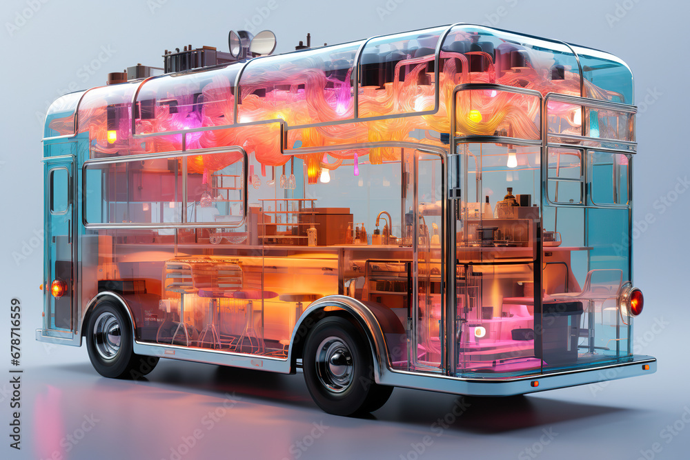 3D Rendering of a Futuristic Transparent RV with a Colorful Interior