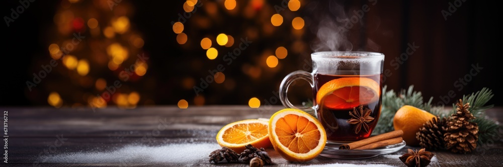 Banner with spicy mulled wine, oranges, spices and pine cones on rustic wood Banner with spicy mulled wine, oranges, spices and pine cones on rustic wood