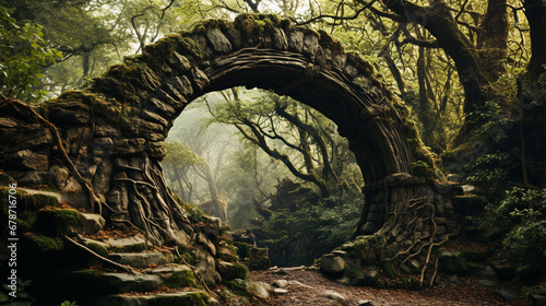 Natural archway shaped by branches in the forest. Generative AI