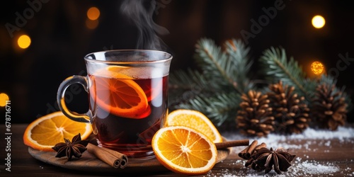 mulled wine with oranges and spices on the table, blurred Christmas background. Generative AI