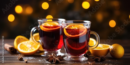 two Christmas mulled wine with oranges on a wooden table with bokeh background