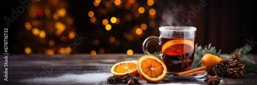 Banner with spicy mulled wine, oranges, spices and pine cones on rustic wood