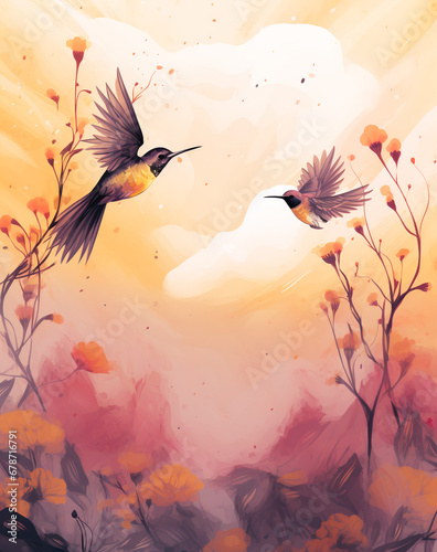 Illustration of a beautiful hummingbird in the sky with flowers.