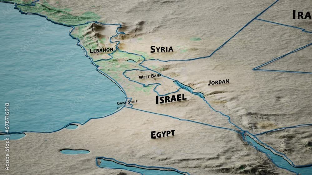 Israel stylized physical terrain map and neighboring countries