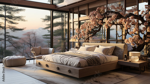 luxury modern japanese style bedroom. Generative AI © Fuji