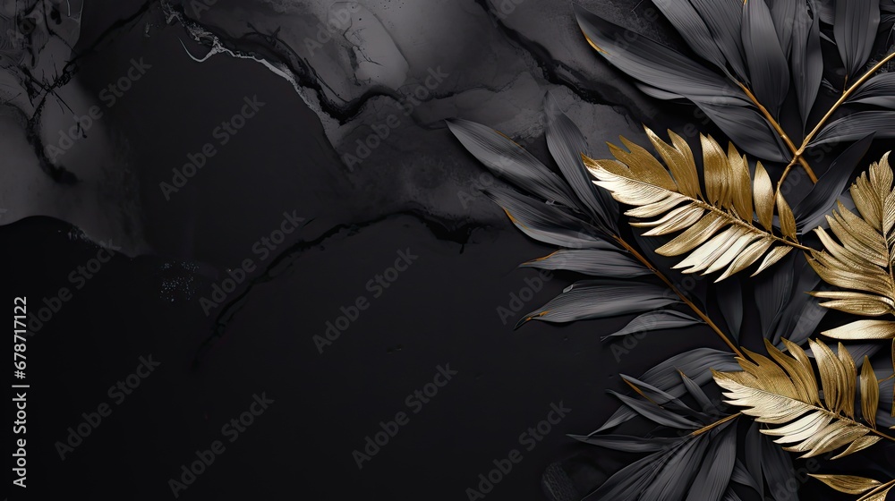 Golden leaves and black watercolor marbled abstract background. Generative AI - obrazy, fototapety, plakaty 