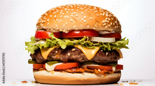 Cheeseburger on white isolated background. Close-up of a large burger with meat and a bun with sesame seeds. Street Fast food style. Generative AI.