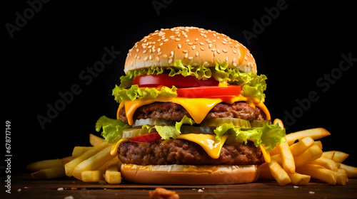 Cheeseburger and fries on black dark isolated background. Close-up of a large burger with meat and a bun with sesame seeds. Street Fast food style. Menu recipe. Generative AI.