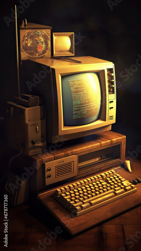 Vintage Computer Workstation with Cityscape Displayed on Monitor