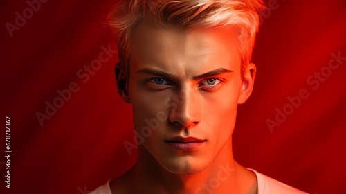 Portrait of a handsome elegant sexy Caucasian blond man with blond hair with perfect skin, on a red background, close-up.