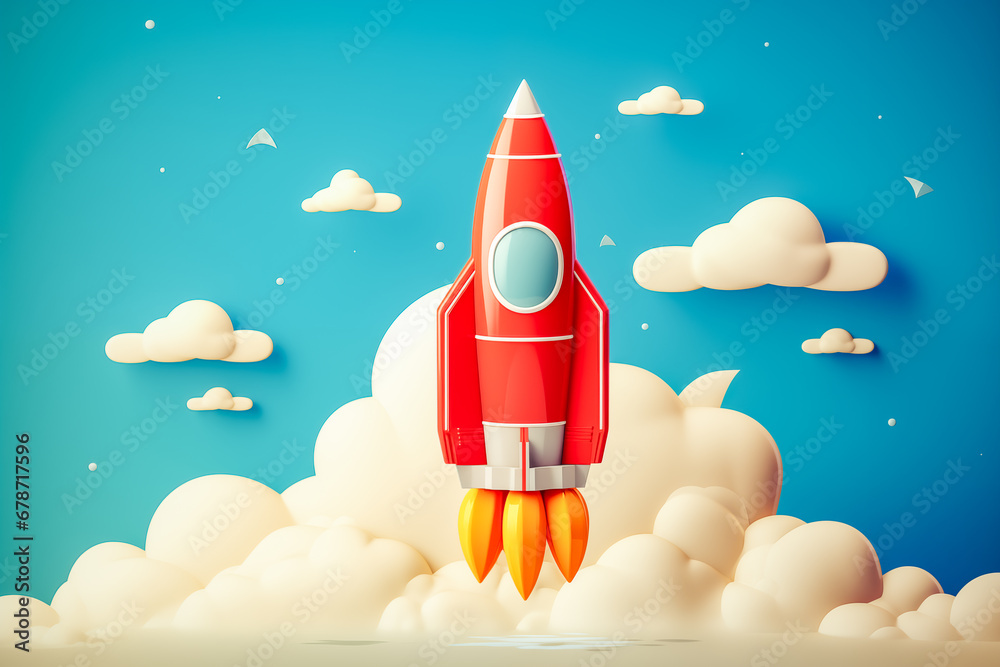 Fototapeta premium Rocket launching amid clouds on solid blue background, symbolizing startup