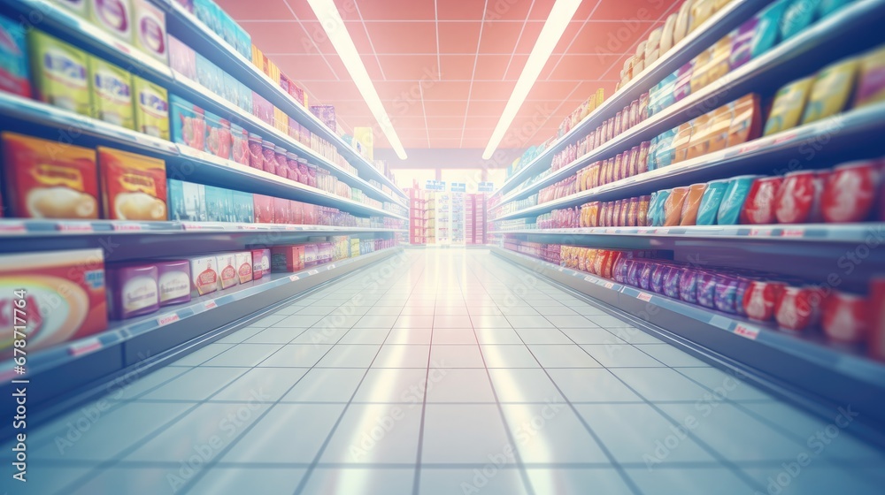 Supermarket aisle and shelves blurred background, Generative AI