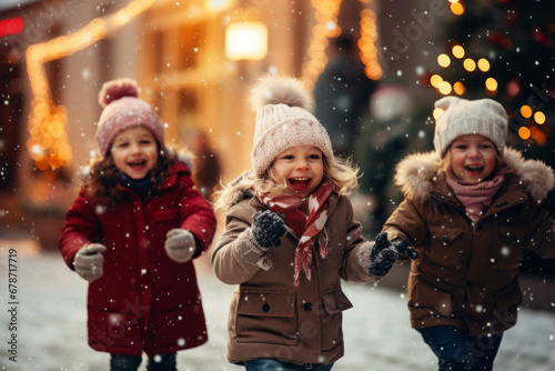Little kids play happily and smilingly in the snow. Concept of winter holidays, Xmas and New Year, happy childhood, magical holiday atmosphere and snowfall.