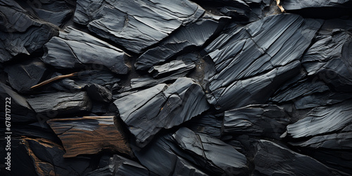 Black lava coal background. Top view of charcoal texture