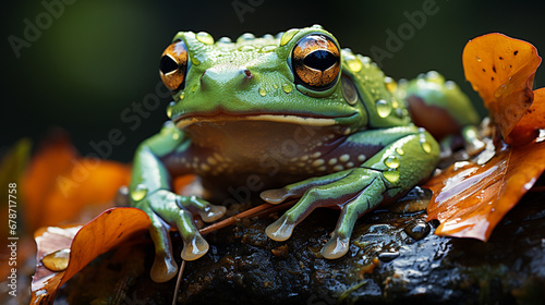 Green Tree Frog in the rain, closeup with selective focus. Generative AI photo