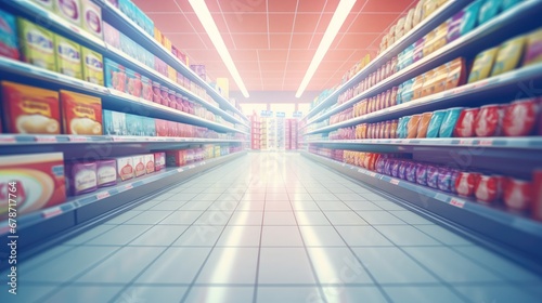 Supermarket aisle and shelves blurred background, Generative AI © tonstock