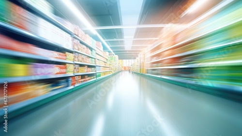 Supermarket aisle and shelves blurred background, Generative AI © tonstock