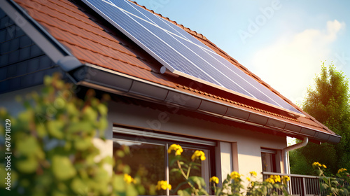 New photovoltaic panels installed on the roof of a single-family house. Clean energy saving system. Ecological source. Generative AI
