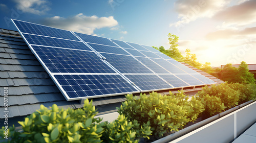 New photovoltaic panels installed on the roof of a single-family house. Clean energy saving system. Ecological source. Generative AI