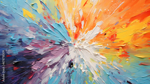 Closeup of abstract rough colorful bold rainbow colors explosion painting texture  with oil brushstroke  palette knife paint on canvas Art background  generative ai