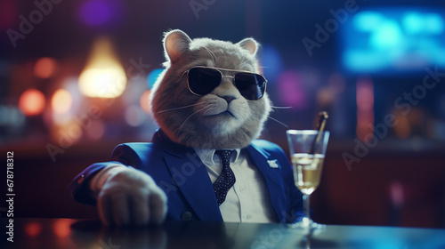 funy fat cat wearing CEO uniforms, cigarette on hand, night bar background. Generative AI photo