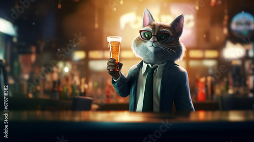 funy fat cat wearing CEO uniforms, cigarette on hand, night bar background. Generative AI photo