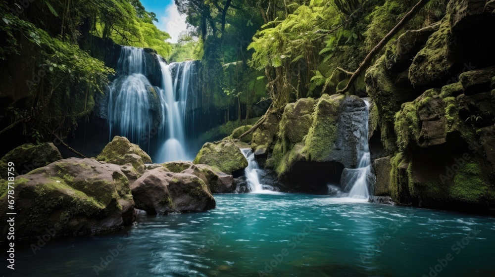 Fototapeta premium Waterfall in autumn forest background, Generative AI