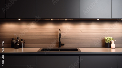 modern interior in kitchen room  wood cabinet with white countertop  sink. Generative AI