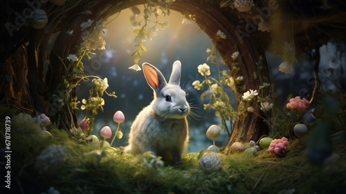 Enchanted Easter: An AI-generated rabbit amidst a surreal fantasy forest in a captivating Easter-themed photograph © Moritz