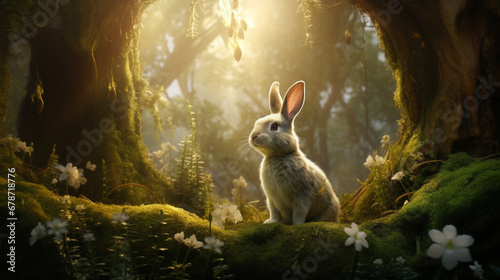 Enchanted Easter: An AI-generated rabbit amidst a surreal fantasy forest in a captivating Easter-themed photograph © Moritz