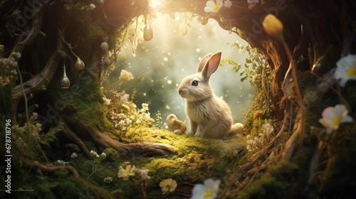 Enchanted Easter: An AI-generated rabbit amidst a surreal fantasy forest in a captivating Easter-themed photograph