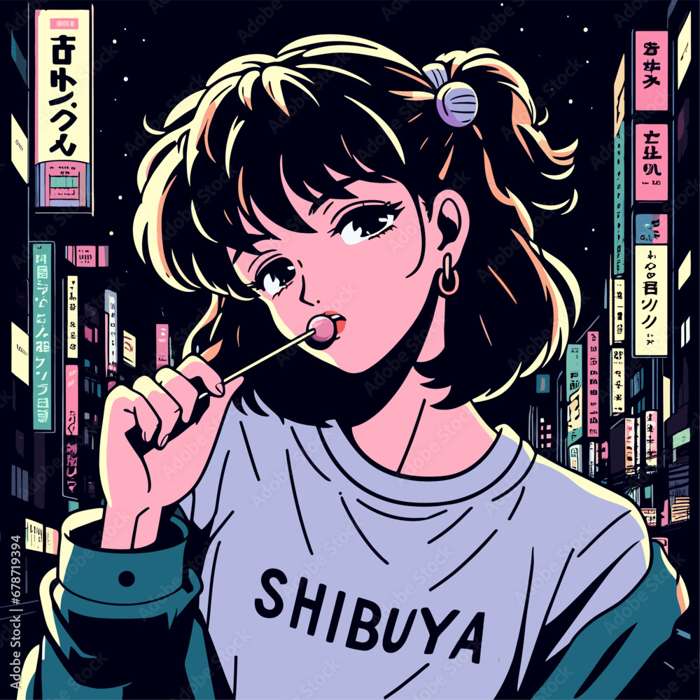 nostalgic lofi anime girl, shibuya girl illustration